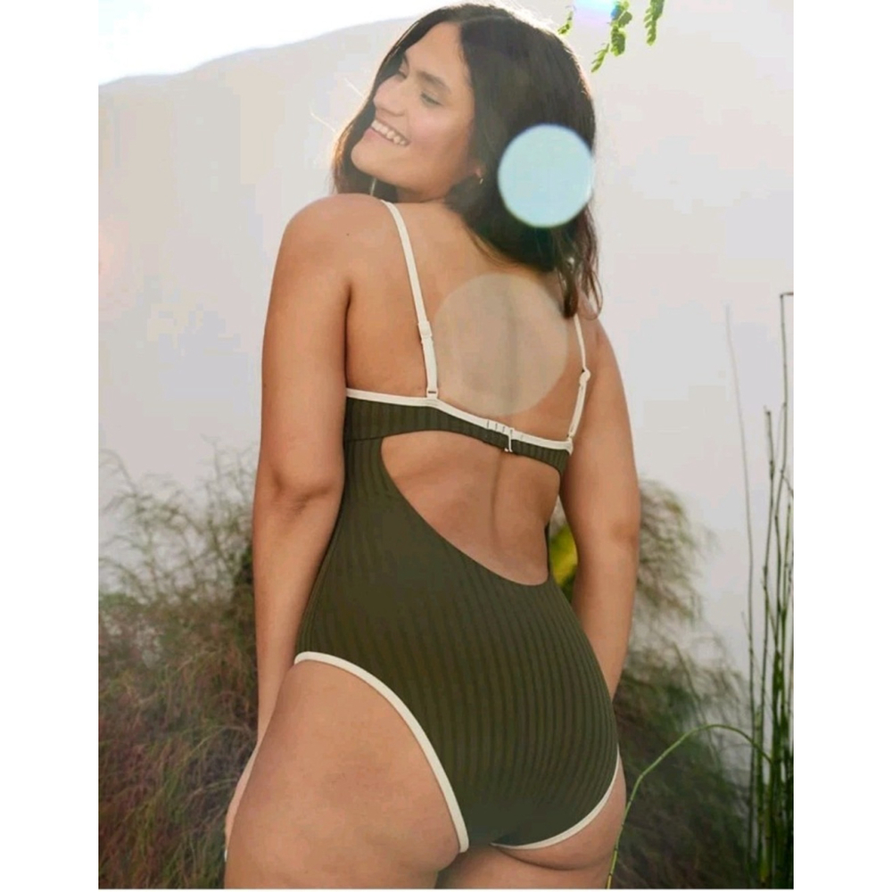 Aerie Ribbed Olive Green One-Piece Swimsuit with Cream Trim - Picture 6 of 6